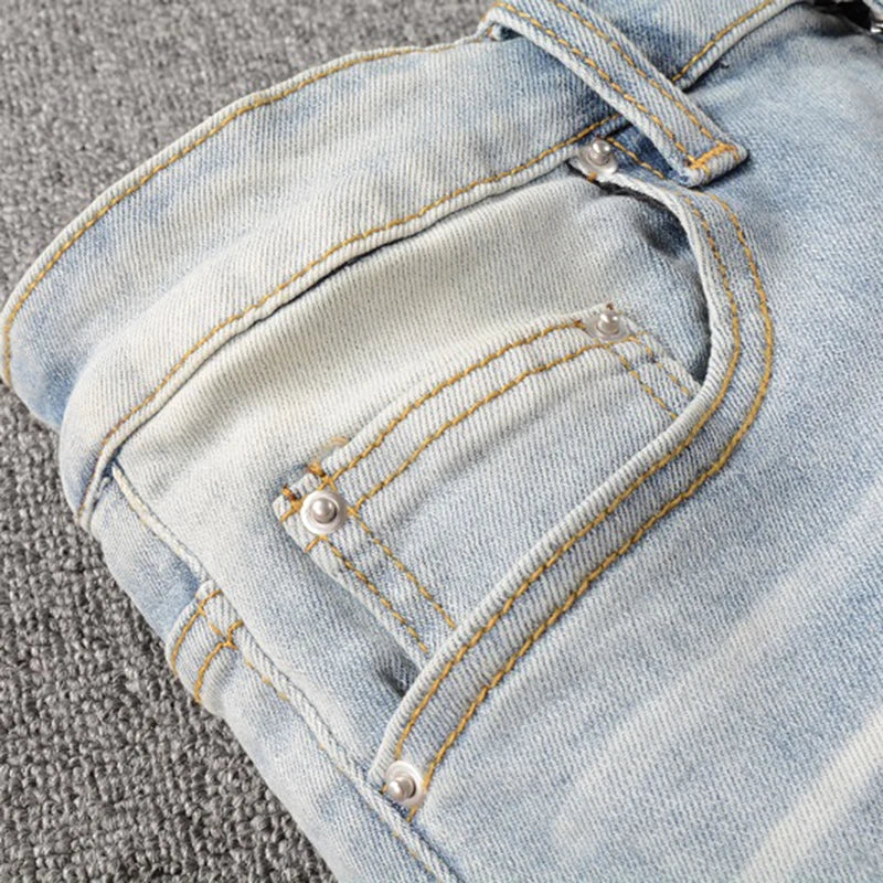 Men's Crystal Embellished Ripped Slim Jeans – Blue