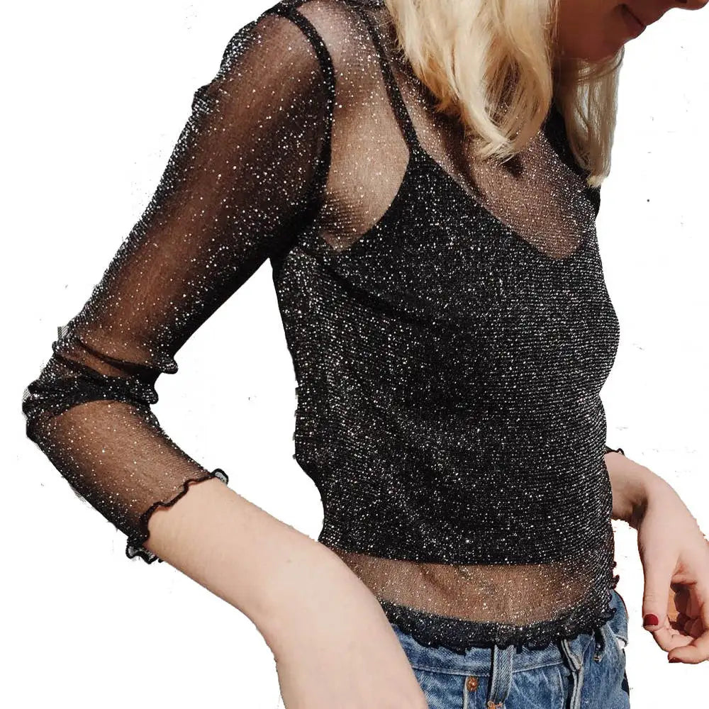 Women’s Sheer Shiny Crop Top – Long Sleeve Club Tee