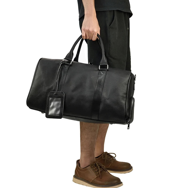 Natural Cowskin Travel Bags Waterproof Men's Leather Overnight Bag Handbag For Plane Luggage Men Male Weekend Bag Business 55cm