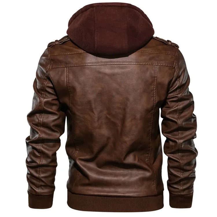 Men's Faux Leather Moto Jacket with Detachable Hood