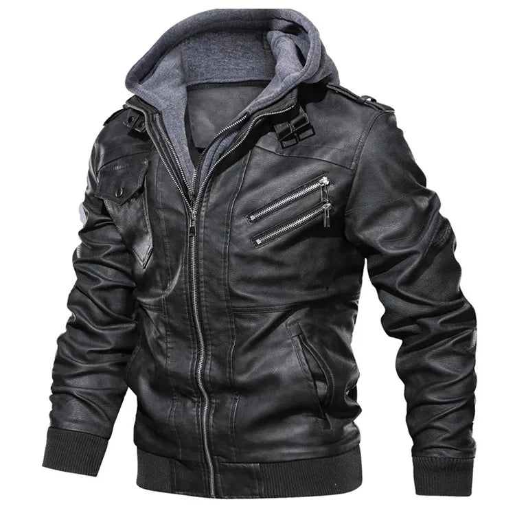 Men's Faux Leather Moto Jacket with Detachable Hood
