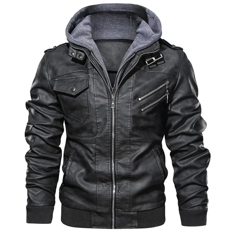 Men's Faux Leather Moto Jacket with Detachable Hood