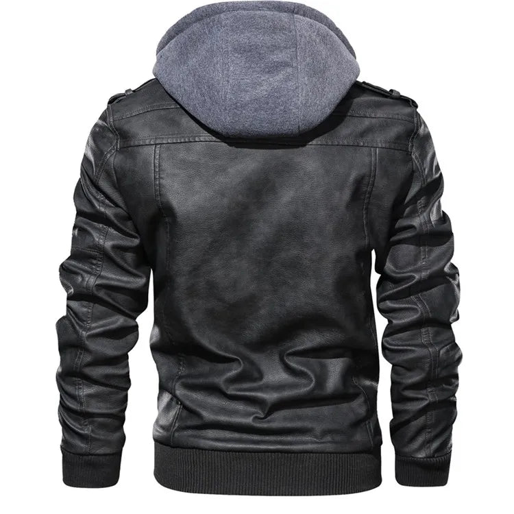 Men's Faux Leather Moto Jacket with Detachable Hood