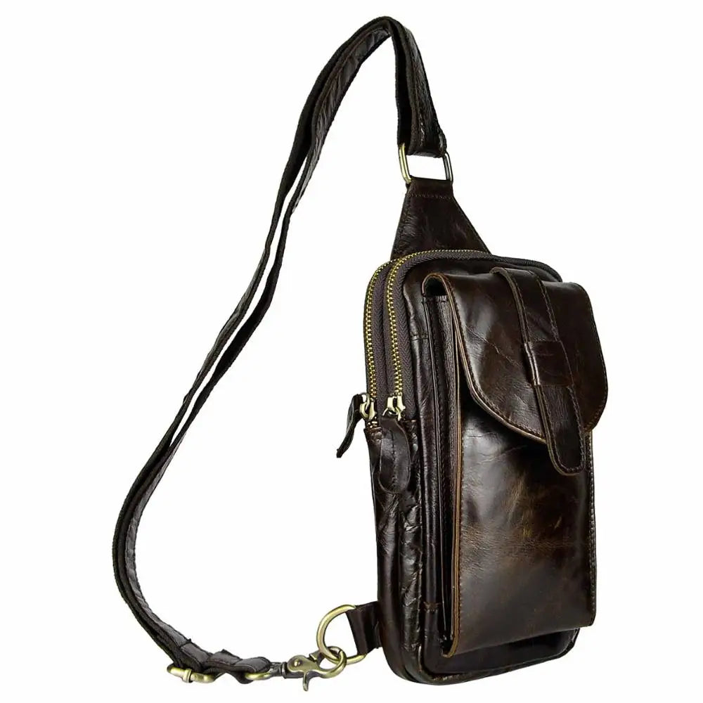 Hot Sell Men Genuine Bull Leather Vintage Coffee Triangle Chest Sling Bag Design Travel Daypack One Shoulder Crossbody Bag XB571