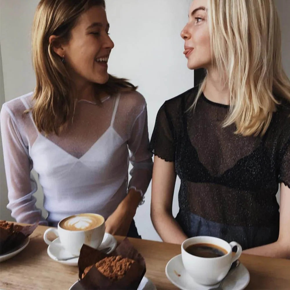 Women’s Sheer Shiny Crop Top – Long Sleeve Club Tee