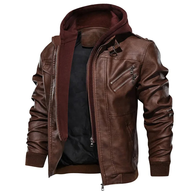 Men's Faux Leather Moto Jacket with Detachable Hood
