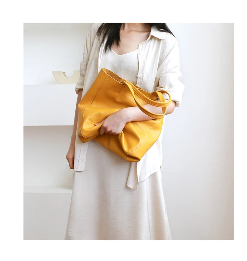 Women Luxury Bag Casual Tote Female Fashion Summer Beach Handbag Lady Popular Soft Cowhide Genuine Leather Shoulder Shopping Bag