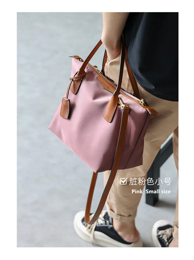 Zipper Tote Bags For Women Nylon With Real Leather Handbag High Quality Single Shoulder Bag