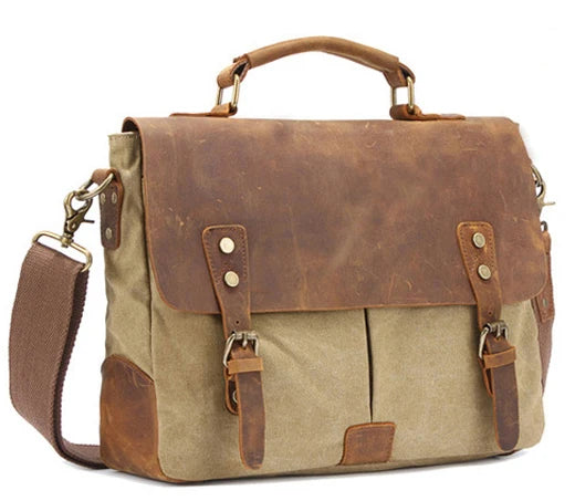 Vintage Leather + Canvas men briefcase Business bag Portfolio men office bag male canvas briefcase attache case document tote