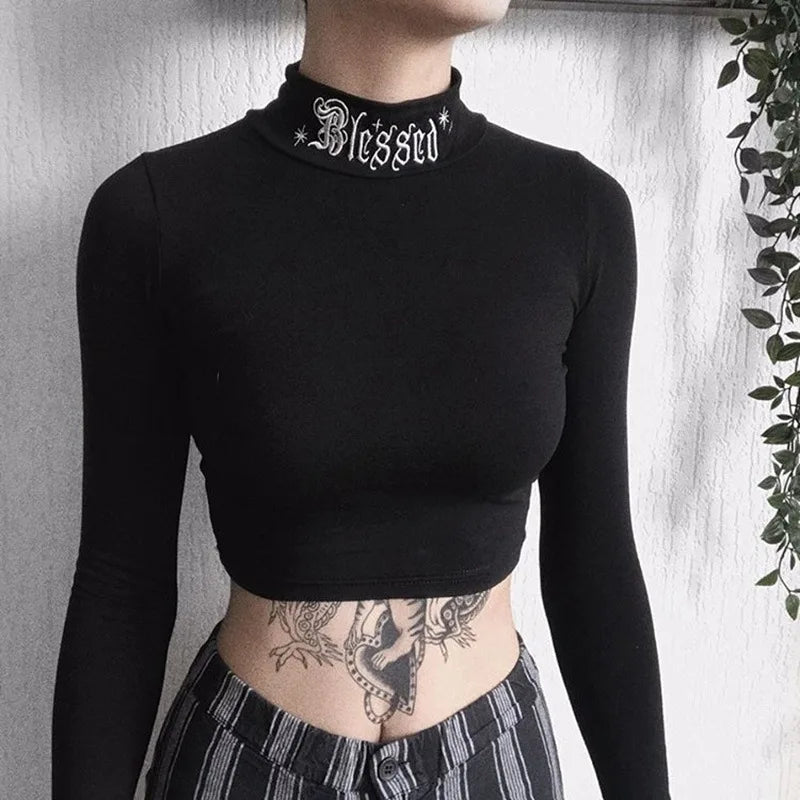 Gothic Letter Embroidery Crop Top