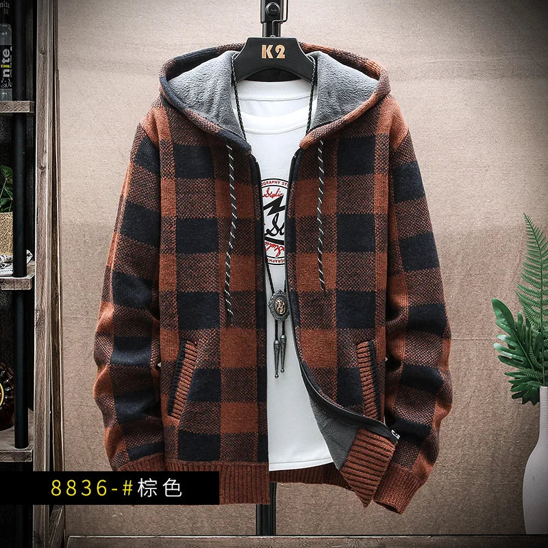 Men’s Winter Plaid Fleece-Lined Hooded Cardigan Jacket