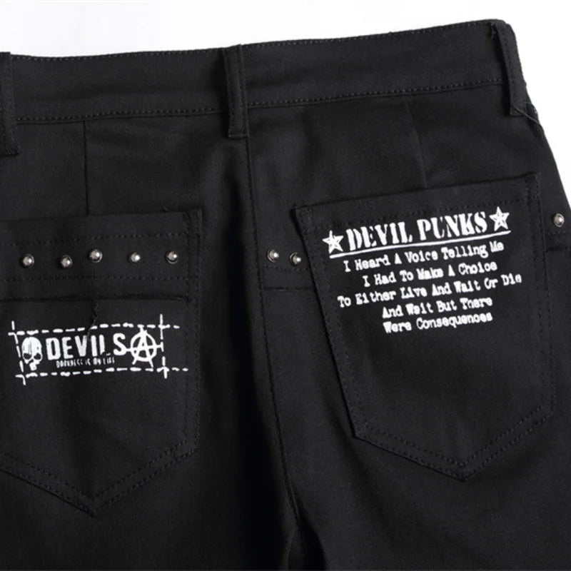 2026 Korean Fashion Red Plaid Patchwork Punk Rivet Men Slim Jeans Trousers Skull Letters Print Hip Hop Chain Denim Pants Spodnie