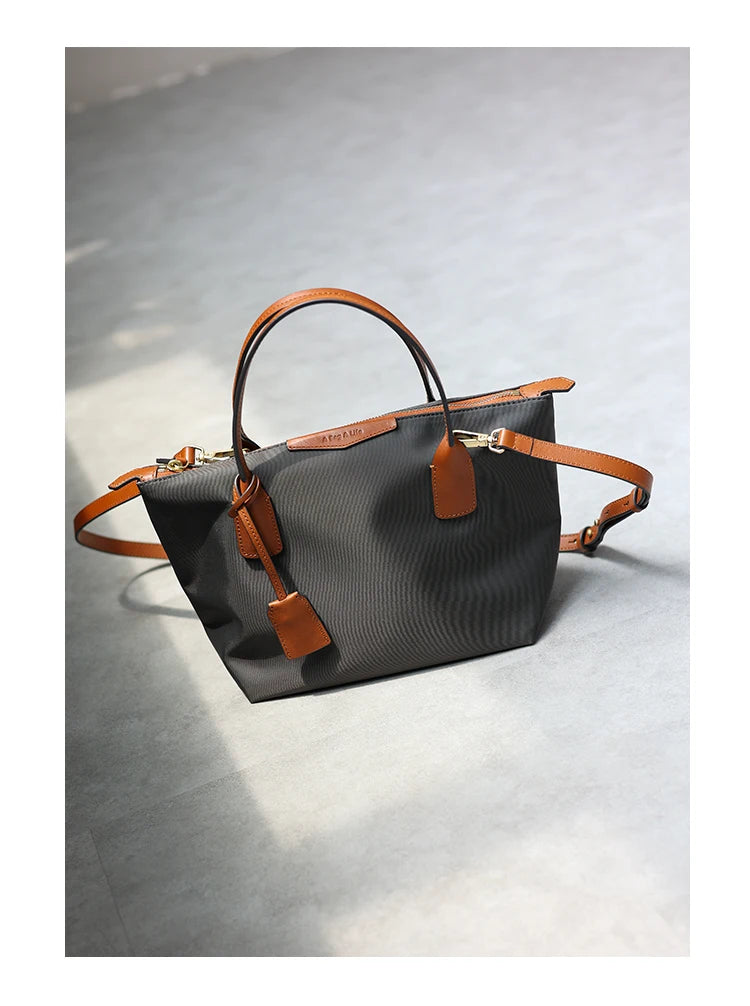 Zipper Tote Bags For Women Nylon With Real Leather Handbag High Quality Single Shoulder Bag