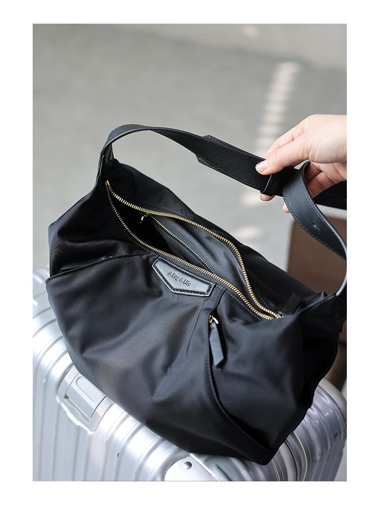 Lightweight Nylon Matching Genuine Leather Crossbody Bag High Quality Single Shoulder Bags Fashion Pleated Messenger Purses