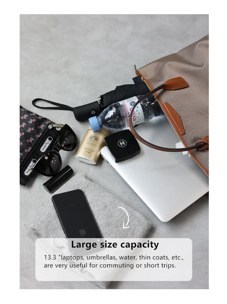 Zipper Tote Bags For Women Nylon With Real Leather Handbag High Quality Single Shoulder Bag