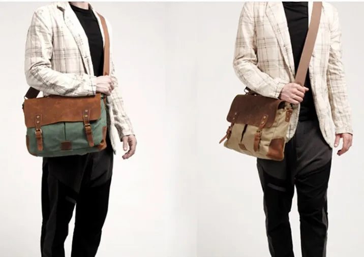 Vintage Leather + Canvas men briefcase Business bag Portfolio men office bag male canvas briefcase attache case document tote