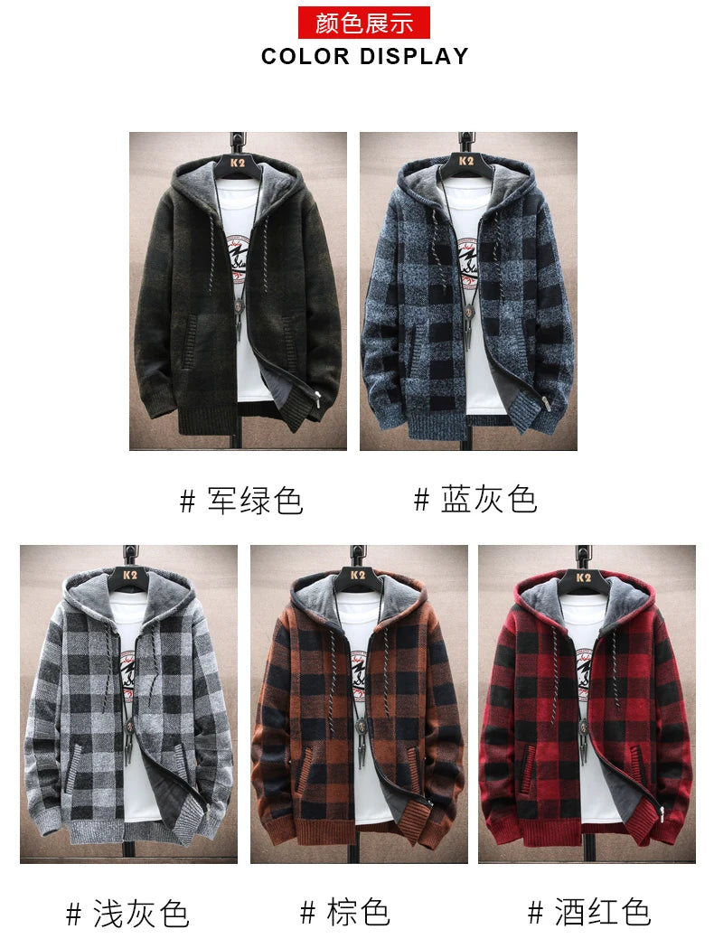 Men’s Winter Plaid Fleece-Lined Hooded Cardigan Jacket