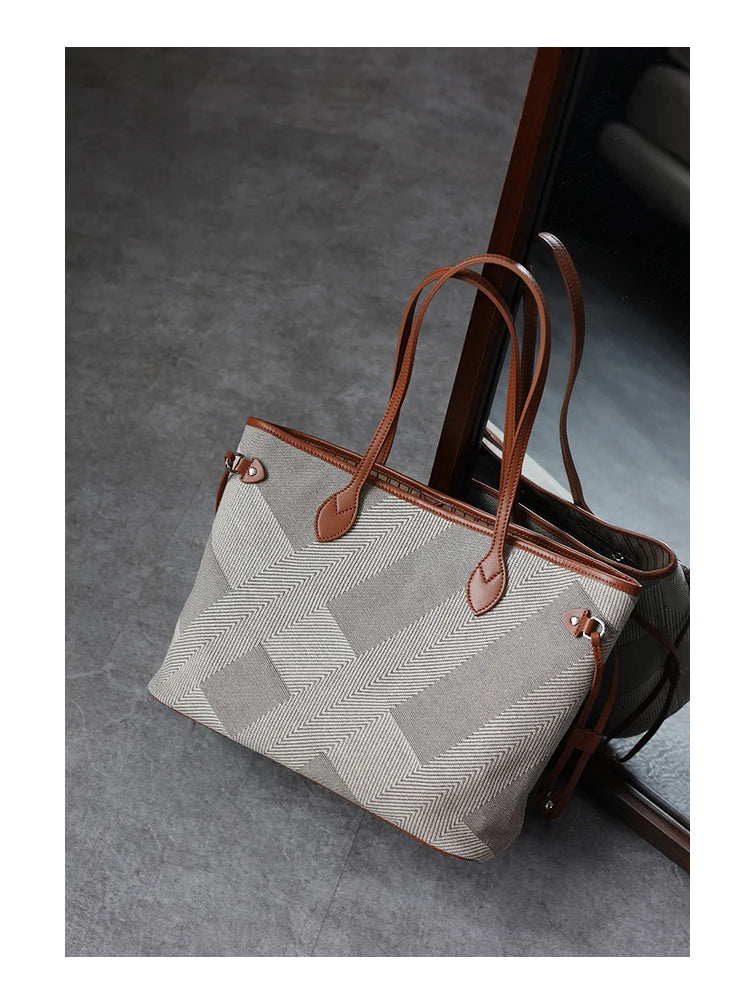 Women's Fashion Shoulder Bag Luxury Designer Handbag Large Capacity Canvas With Genuine Leather Tote For Shopping,Commuting,Work