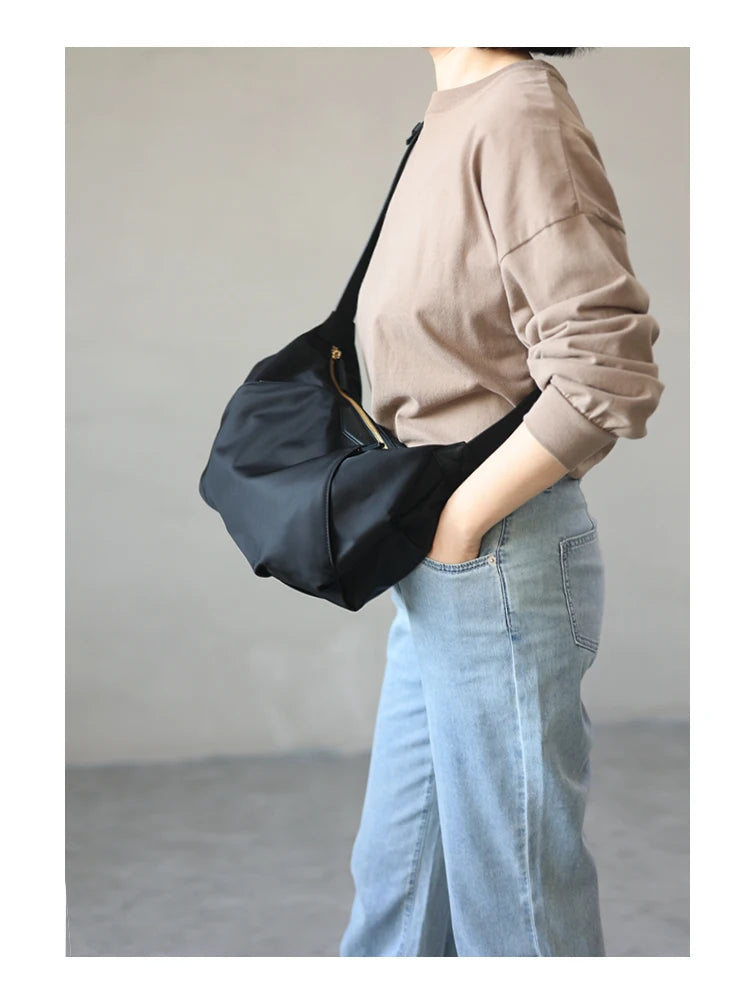 Lightweight Nylon Matching Genuine Leather Crossbody Bag High Quality Single Shoulder Bags Fashion Pleated Messenger Purses