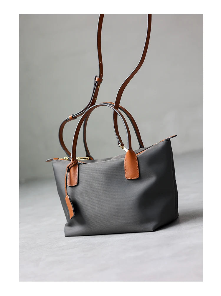 Zipper Tote Bags For Women Nylon With Real Leather Handbag High Quality Single Shoulder Bag