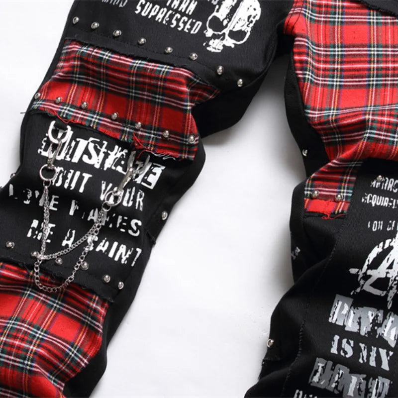 2026 Korean Fashion Red Plaid Patchwork Punk Rivet Men Slim Jeans Trousers Skull Letters Print Hip Hop Chain Denim Pants Spodnie