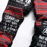 2026 Korean Fashion Red Plaid Patchwork Punk Rivet Men Slim Jeans Trousers Skull Letters Print Hip Hop Chain Denim Pants Spodnie