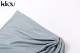 Kliou Solid Deep V sexy Two Piece Sets Midnight Club Halter Top And Skirt Backless Summer Partywear Hollow Out Ruched Women Set
