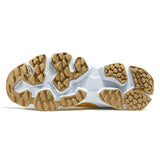 Close-up of RAX shoe sole with a white and brown design on a white background