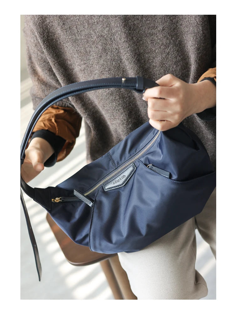 Lightweight Nylon Matching Genuine Leather Crossbody Bag High Quality Single Shoulder Bags Fashion Pleated Messenger Purses
