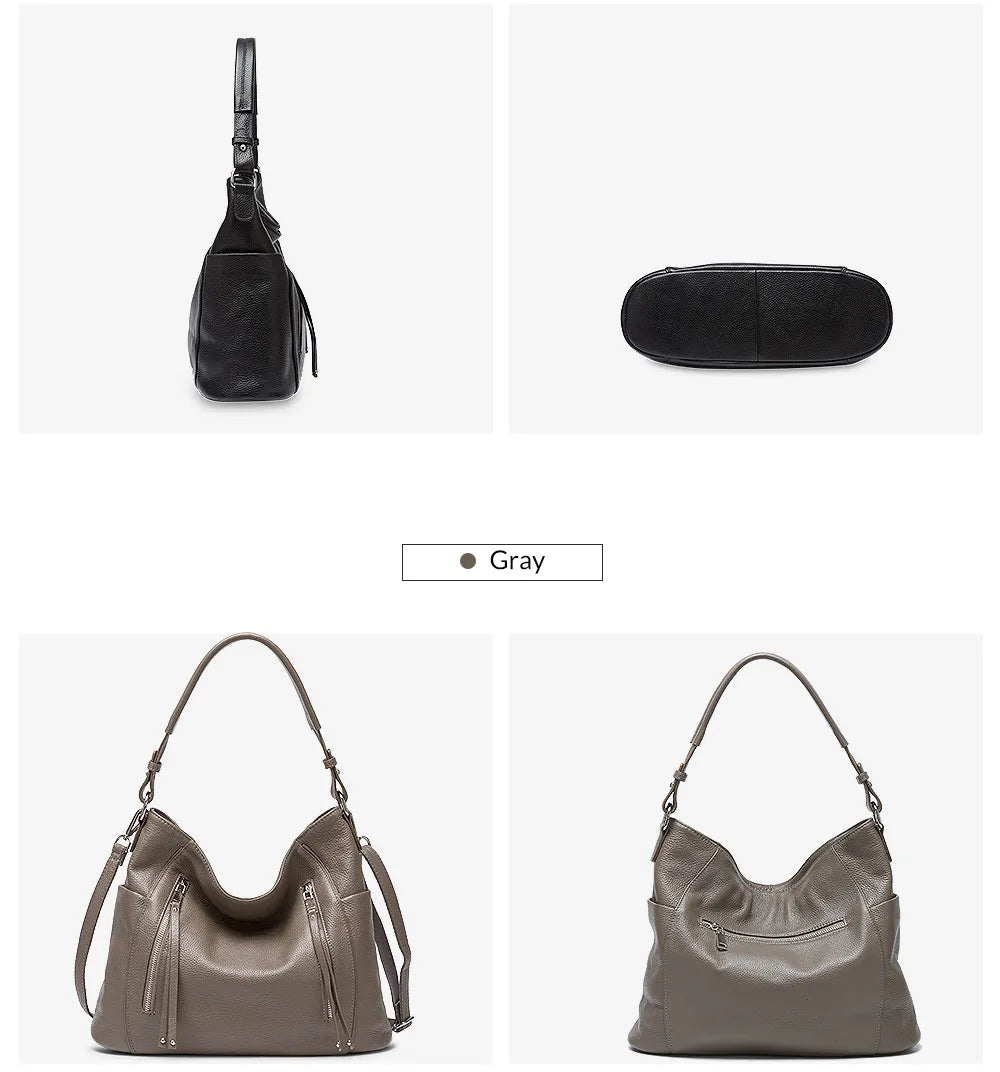ZENCY New Handbag Luxury Genuine Leather Bag for Women Shoulder Tote Crossbody Double Zipper Pocket Charming Red Hobo Bag