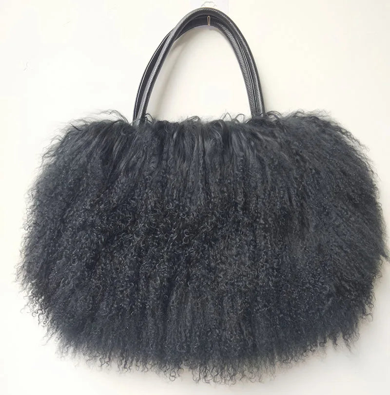 Winter Real Mongolia Lamb Fur Handbag Women Casual Tibet Long Hair Natural Fur Shoulder Bag Genuine Tote Bags Femme
