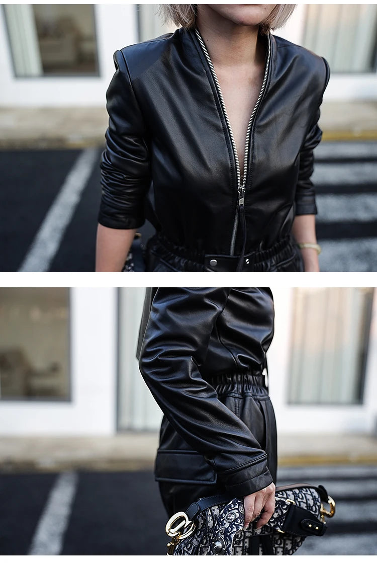 Black Faux Leather Cargo Jumpsuit - Luxury Long Sleeve Zip-Up Romper