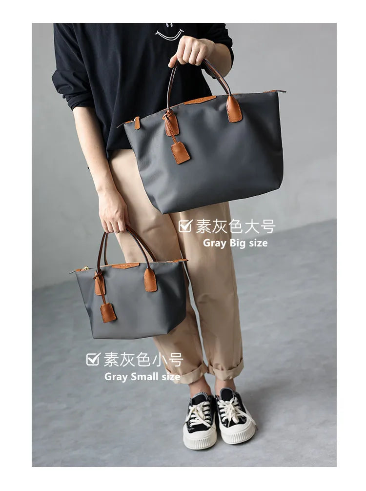 Zipper Tote Bags For Women Nylon With Real Leather Handbag High Quality Single Shoulder Bag
