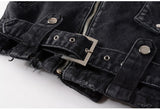 Men's Black Biker Slim Fit Denim Jacket with Belt - Streetwear Moto Style