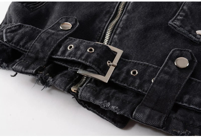 Men's Black Biker Slim Fit Denim Jacket with Belt - Streetwear Moto Style
