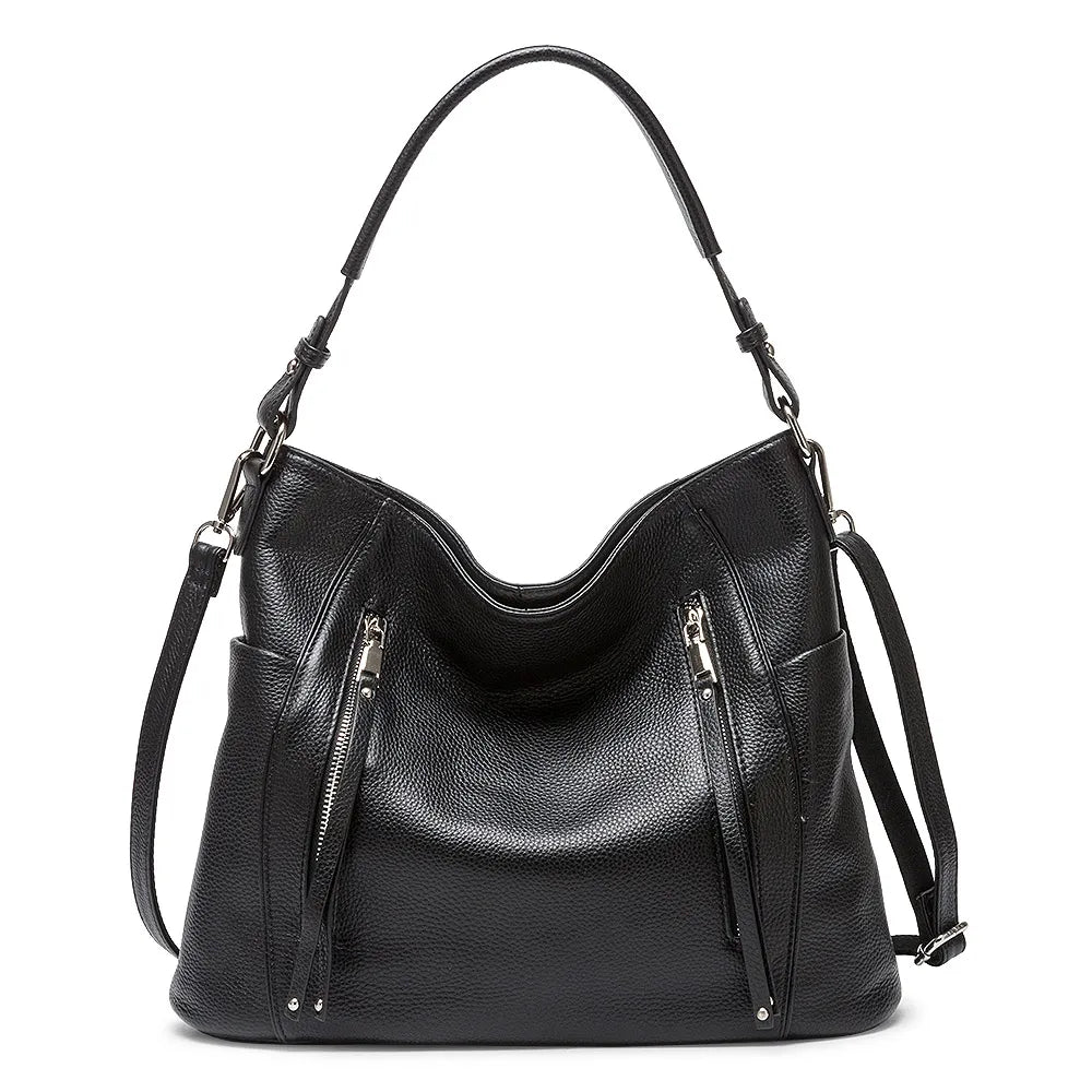ZENCY New Handbag Luxury Genuine Leather Bag for Women Shoulder Tote Crossbody Double Zipper Pocket Charming Red Hobo Bag