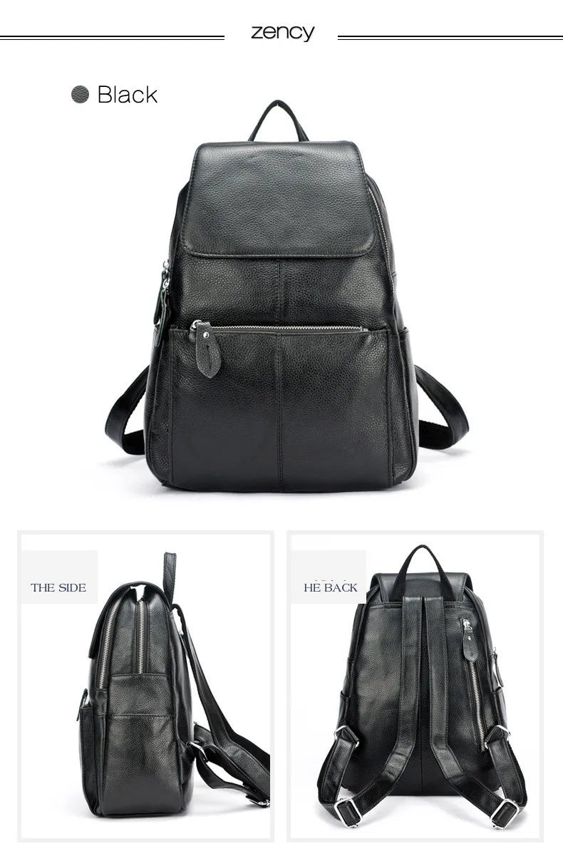 Zency Stylish White Black Genuine Leather Women Backpack A++ Quality Anti-theft Large Capacity Knapsack Travel Designer Rucksack