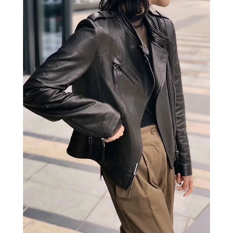 Women's Short Genuine Sheepskin Biker Jacket