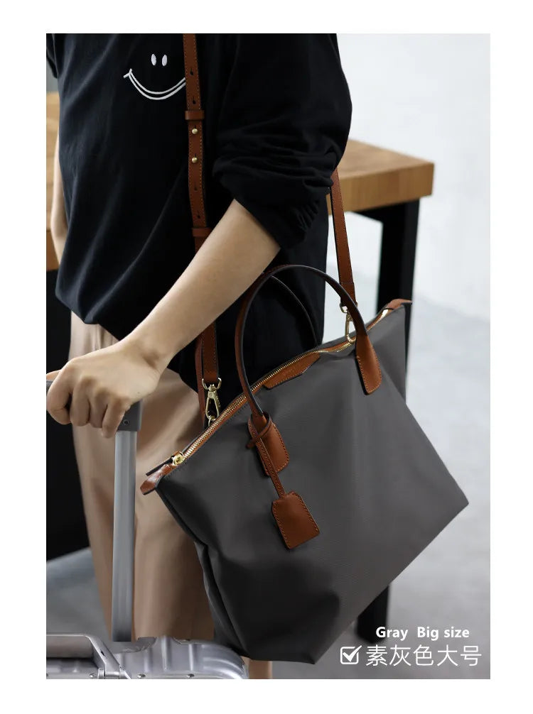 Zipper Tote Bags For Women Nylon With Real Leather Handbag High Quality Single Shoulder Bag