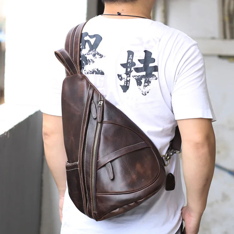 Single Shoulder Bagpack Genuine Leather Chest Bag Outdoor Riding Bag Chest Packs For Biker Men Male Sling Bags Cow Leather