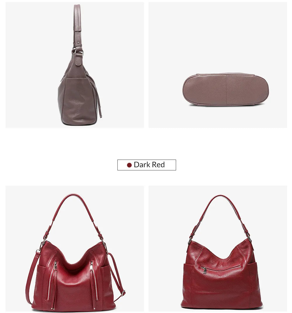 ZENCY New Handbag Luxury Genuine Leather Bag for Women Shoulder Tote Crossbody Double Zipper Pocket Charming Red Hobo Bag