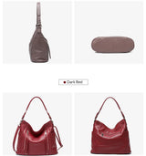 ZENCY New Handbag Luxury Genuine Leather Bag for Women Shoulder Tote Crossbody Double Zipper Pocket Charming Red Hobo Bag