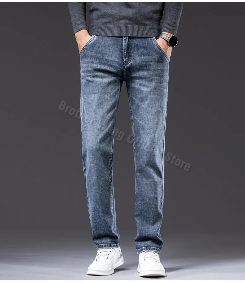 2025 Autumn New Men Regular Fit Stretch Jeans Classic Style Smoky Gray Fashion Casual Denim Pants Male Brand Trousers Blue