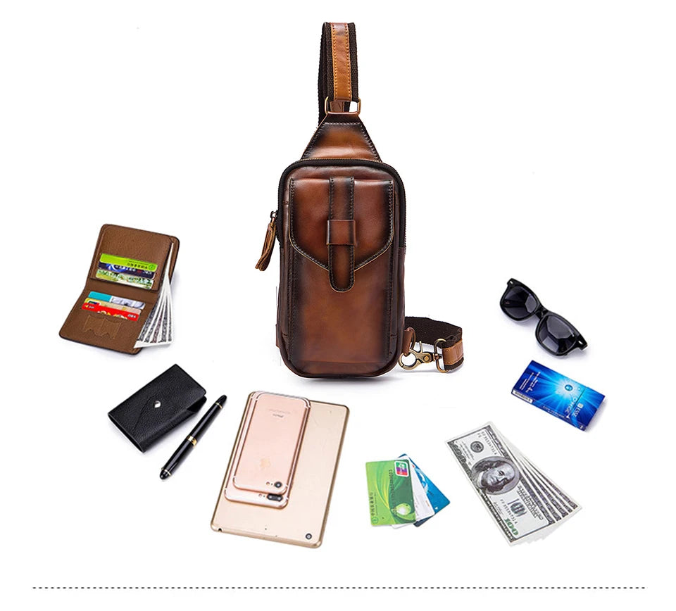 Hot Sell Men Genuine Bull Leather Vintage Coffee Triangle Chest Sling Bag Design Travel Daypack One Shoulder Crossbody Bag XB571