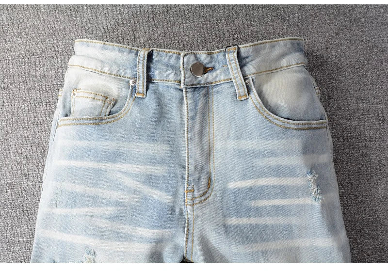 Men's Crystal Embellished Ripped Slim Jeans – Blue