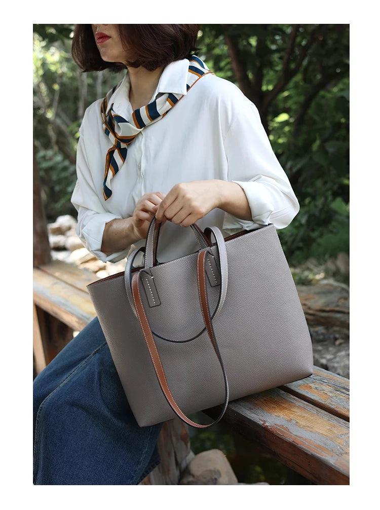 JAZZQ Reversible Genuine Leather Tote | First-Layer Cowhide