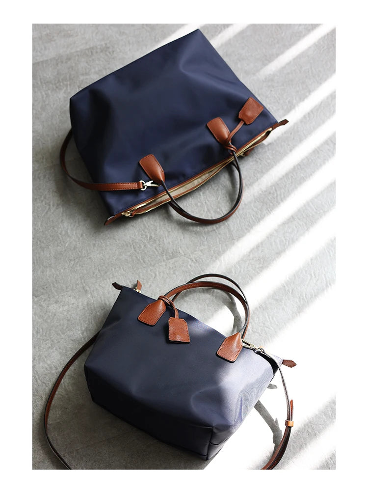 Zipper Tote Bags For Women Nylon With Real Leather Handbag High Quality Single Shoulder Bag