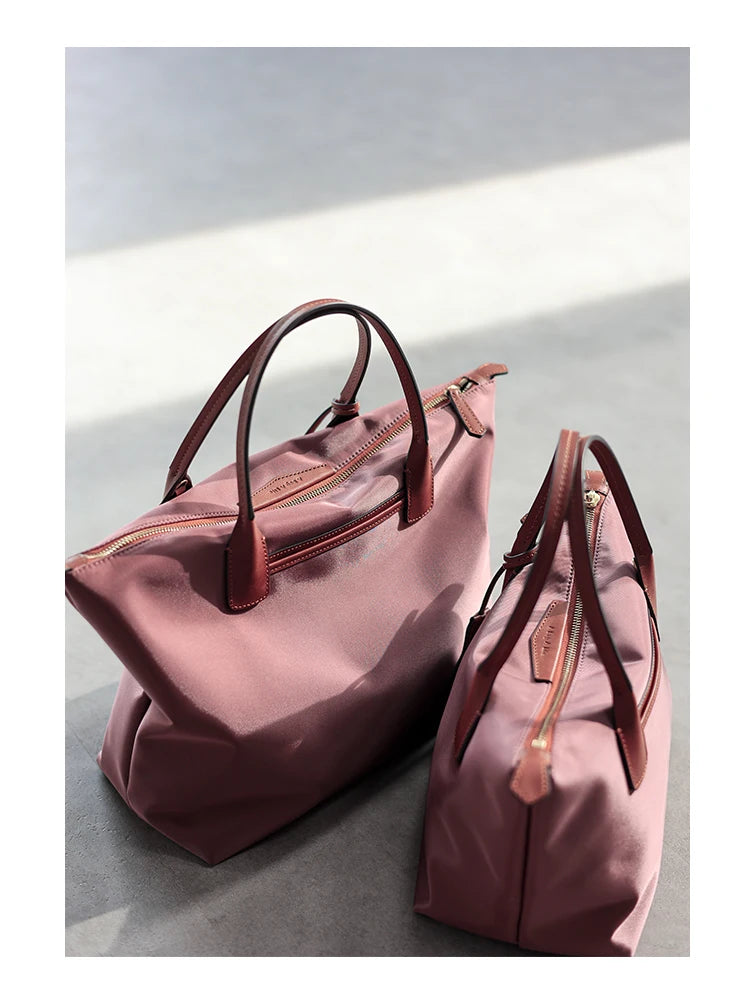 Zipper Tote Bags For Women Nylon With Real Leather Handbag High Quality Single Shoulder Bag