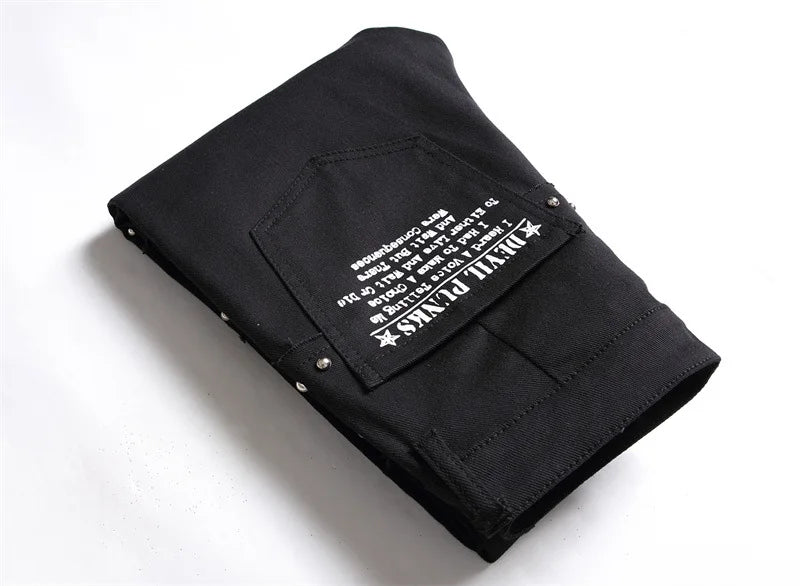 2026 Korean Fashion Red Plaid Patchwork Punk Rivet Men Slim Jeans Trousers Skull Letters Print Hip Hop Chain Denim Pants Spodnie