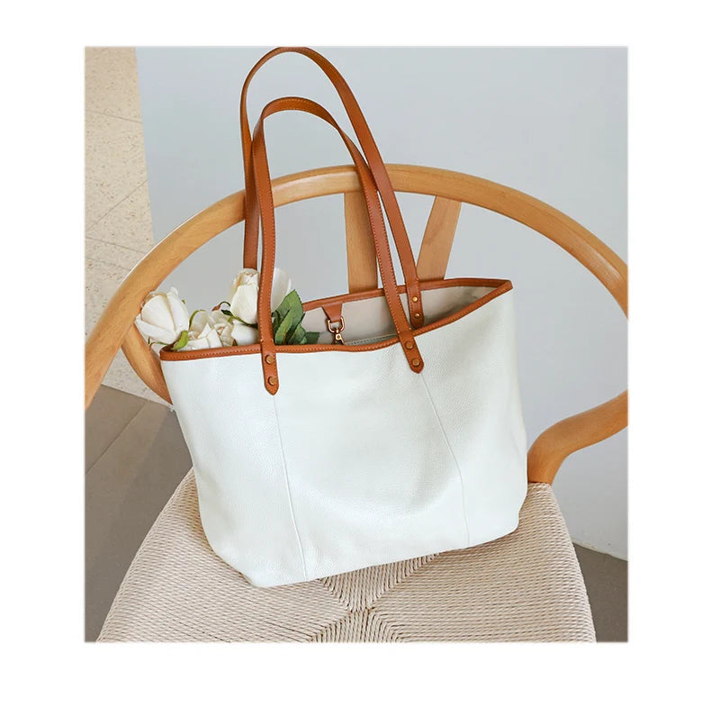 2023 New Women Deluxe Cowhide Genuine Leather Totes Handbag Lady Simple Soft Satchels Bag High Capacity Waterproof Shopping Bags